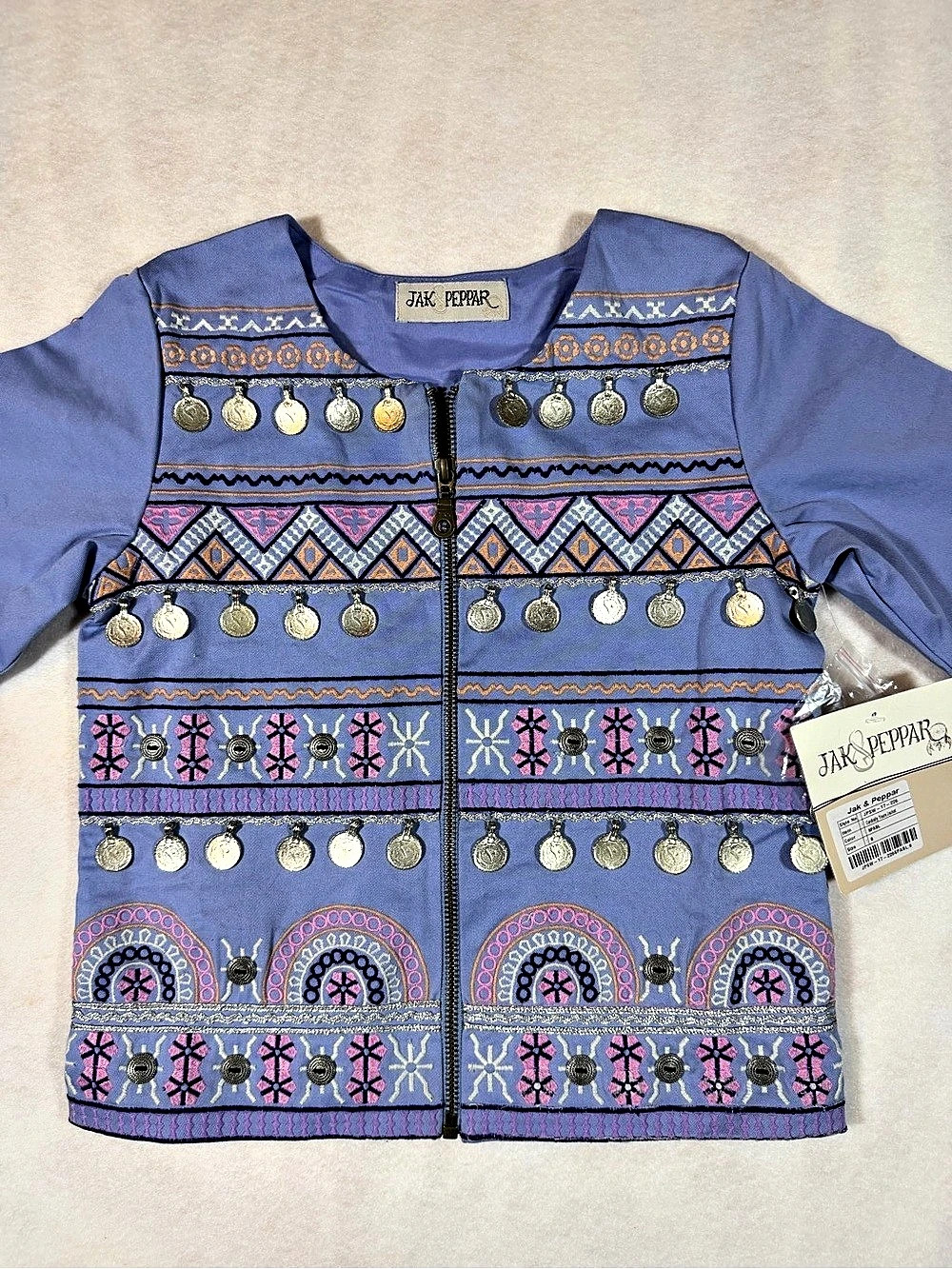 JAK PEPPER Embroidered Coin Jacket in Lavender Blue Girls Size 8 NWT